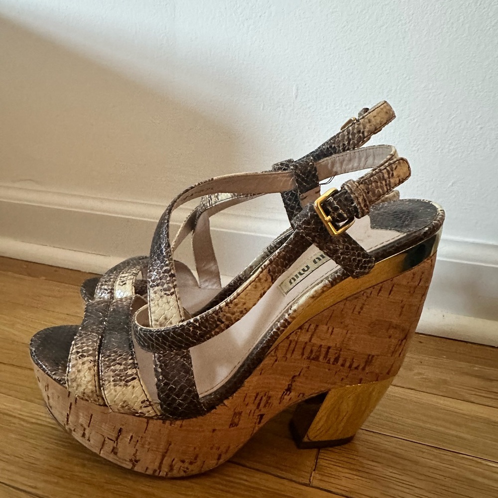 Miu Miu Brown Snakeskin Cork Platform Sandals with Gold Buckle